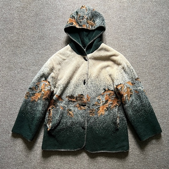 Vintage 90s White Stag Fall Leaf Pattern Hooded Fleece Fur Jacket Coat Size 1x - Picture 1 of 15